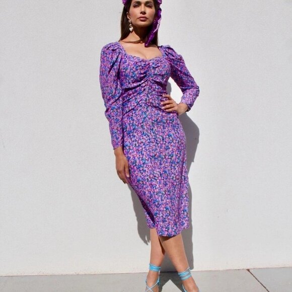 Zara Ditsy Floral Puff Sleeve Midi Dress XS Pink Purple Cottage Romantic - Picture 1 of 6